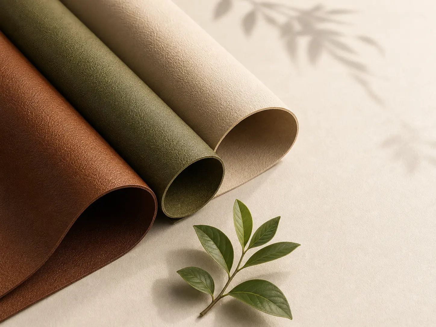 Rolled sustainable materials in brown, olive and cream colors