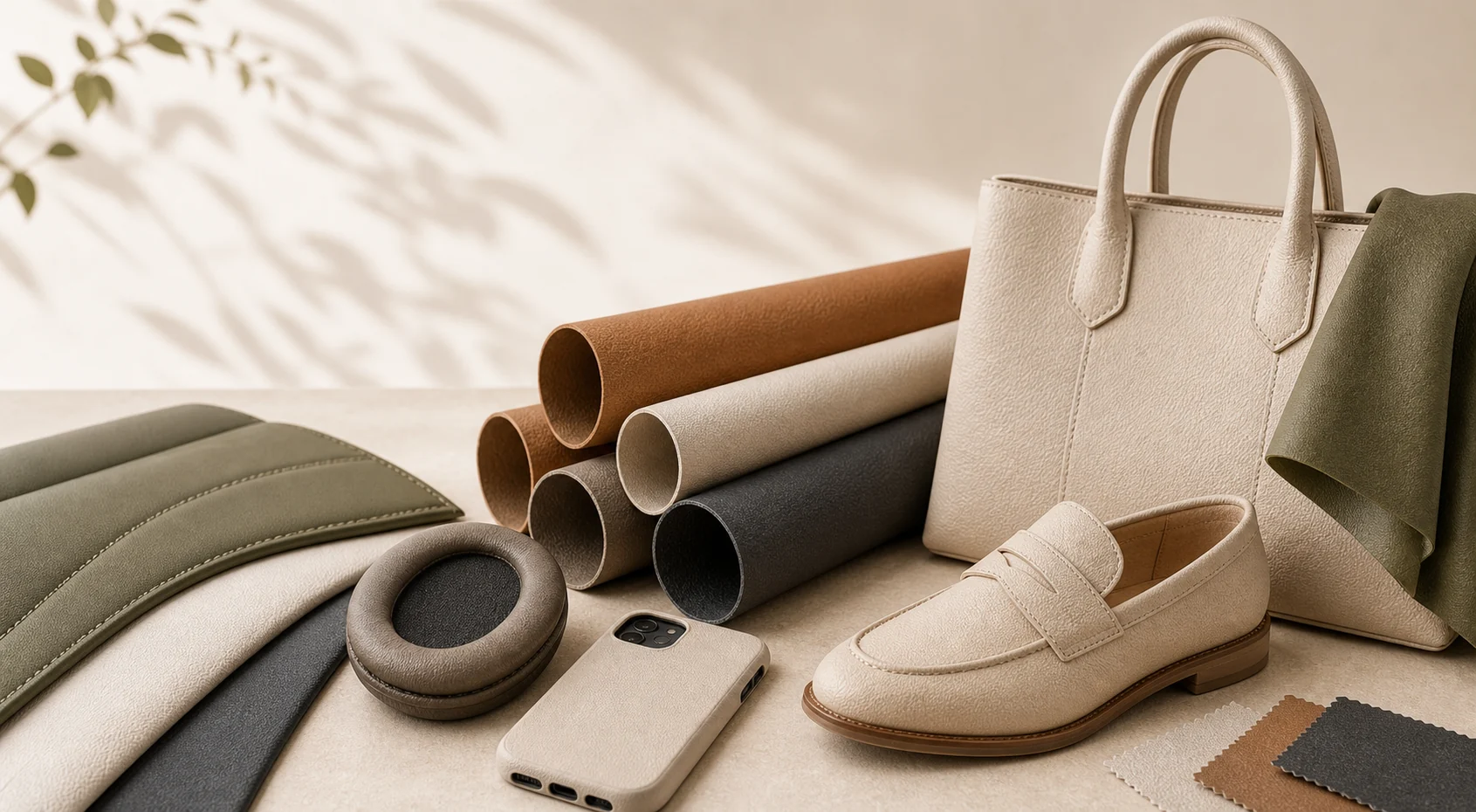 Premium applications made with sustainable leather-like materials including handbag footwear phone case and trims