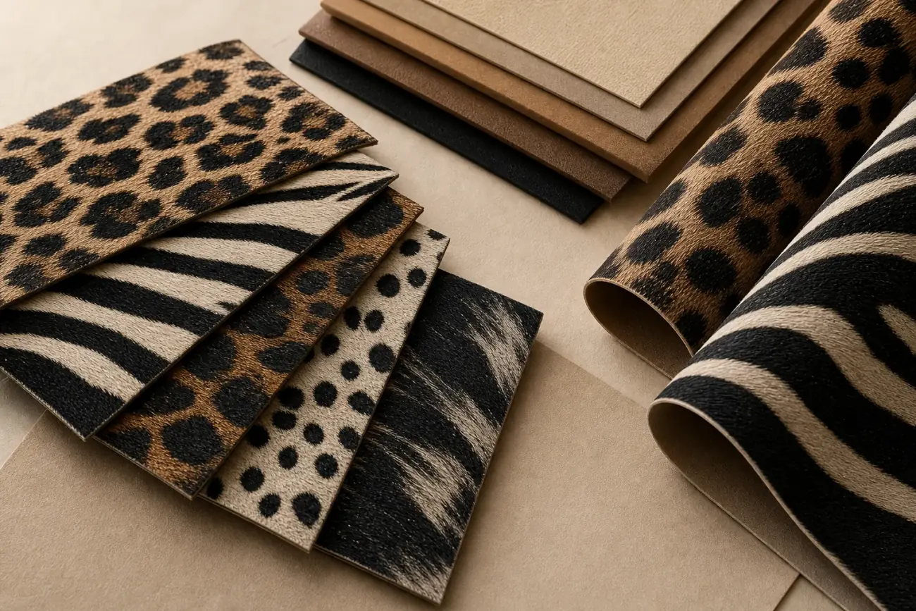Hair-on printed leather material samples with controlled leopard and zebra pattern swatches