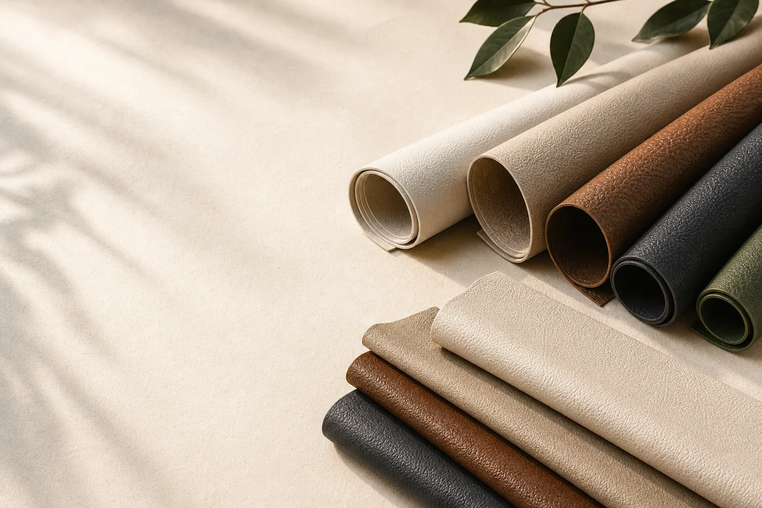 Rolled plant-based and eco-friendly leather material sheets in warm neutral colors