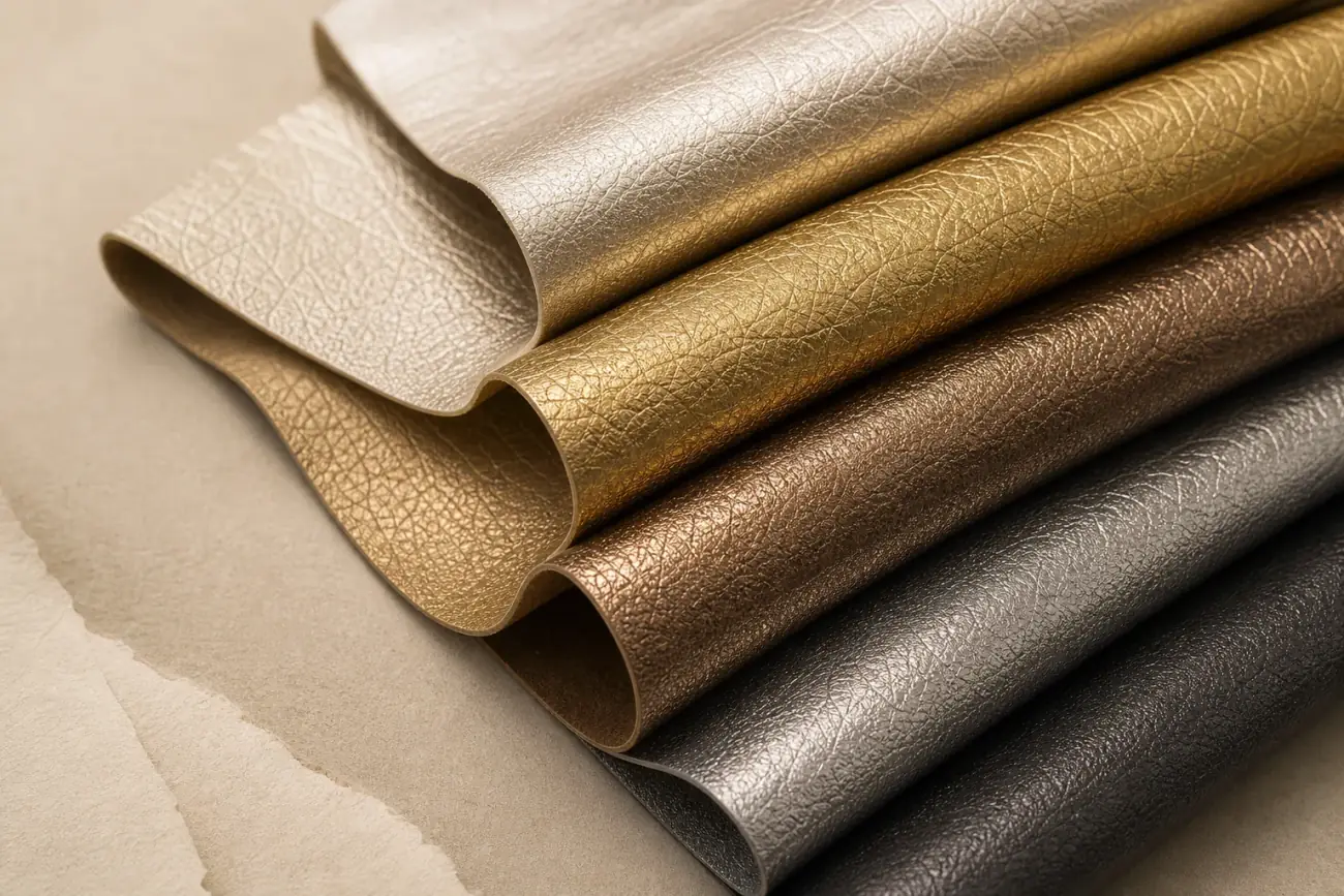Metallic cow and sheep leather material sheets in champagne gold bronze and silver