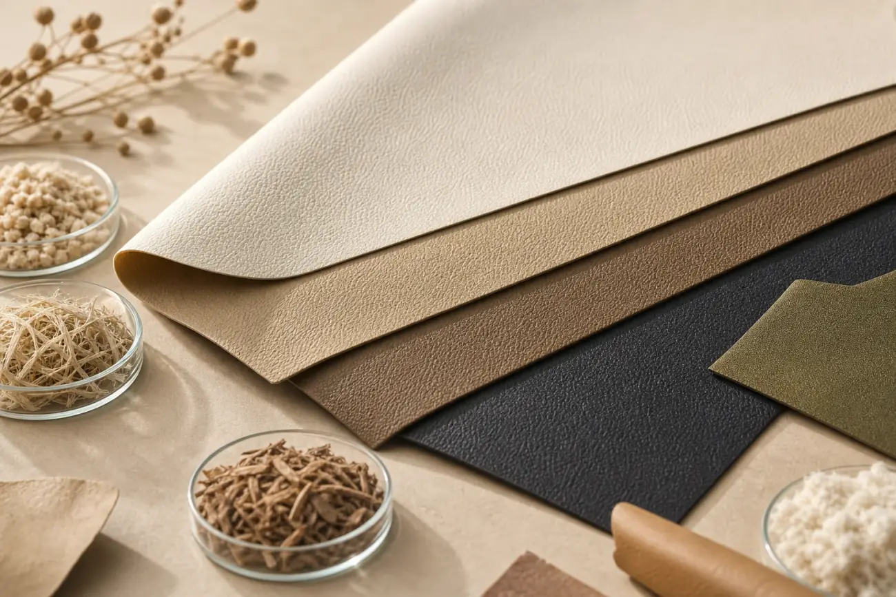 Plant-based material sheets with natural fibers and warm neutral swatches