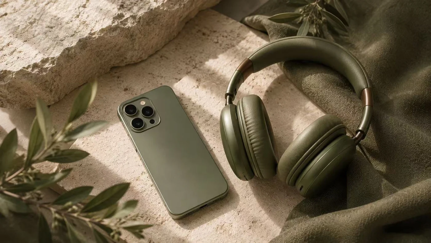 Headphones and phone case with soft-touch material surfaces
