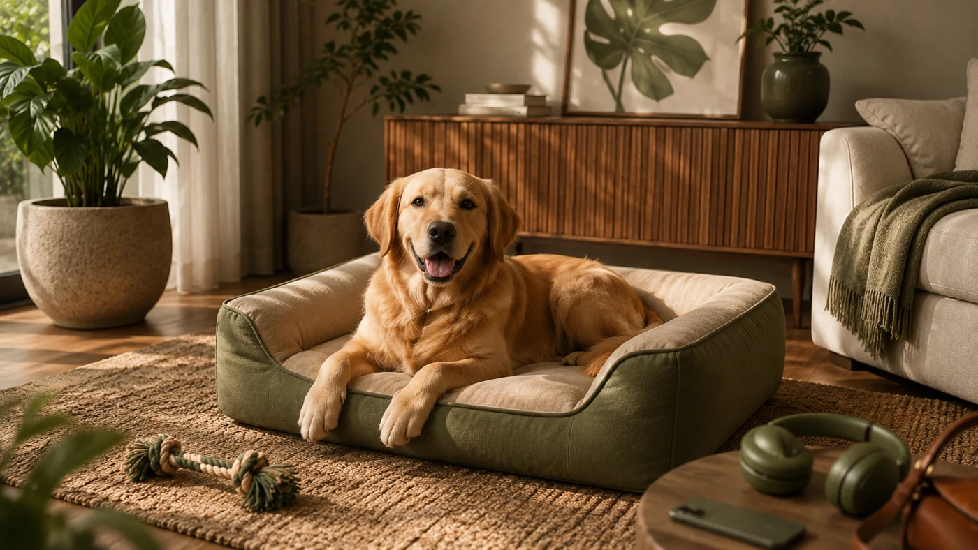 Pet bed upholstered with sustainable material